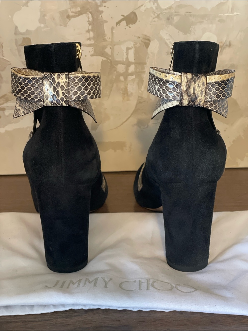 Jimmy Choo Black Suede Ankle Boots with Snake-Print Straps